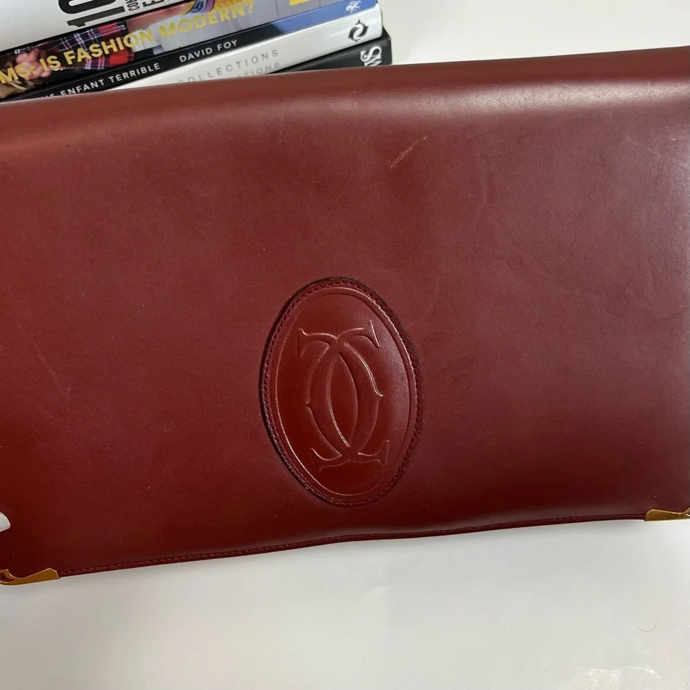 Cartier Clutch Bag Red Bordeaux Burgundy Leather Gold Hardware Large